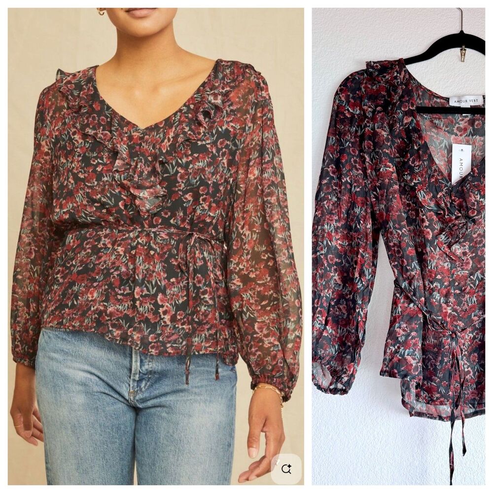 NWT Amour Vert Yvonne Nouveau Silk V-Neck Blouse in Joshua Tree Floral Size S
